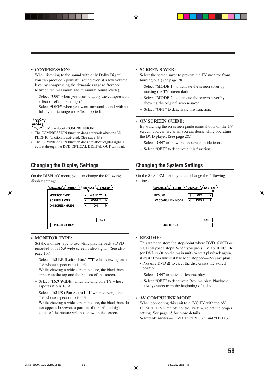 Changing the system settings, Changing the display settings | JVC CA-UXA7DVD User Manual | Page 61 / 76