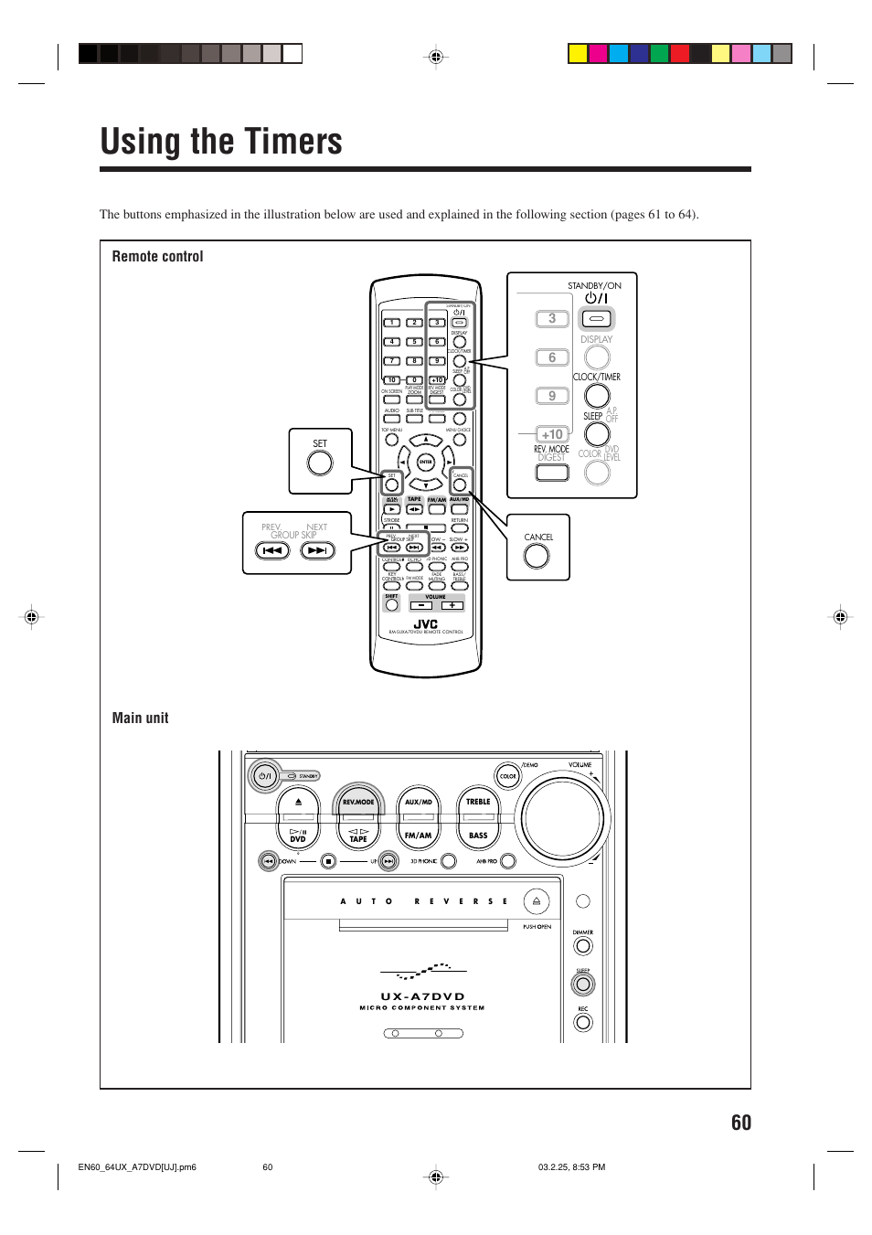 Using the timers, Remote control main unit | JVC CA-UXA7DVD User Manual | Page 63 / 76