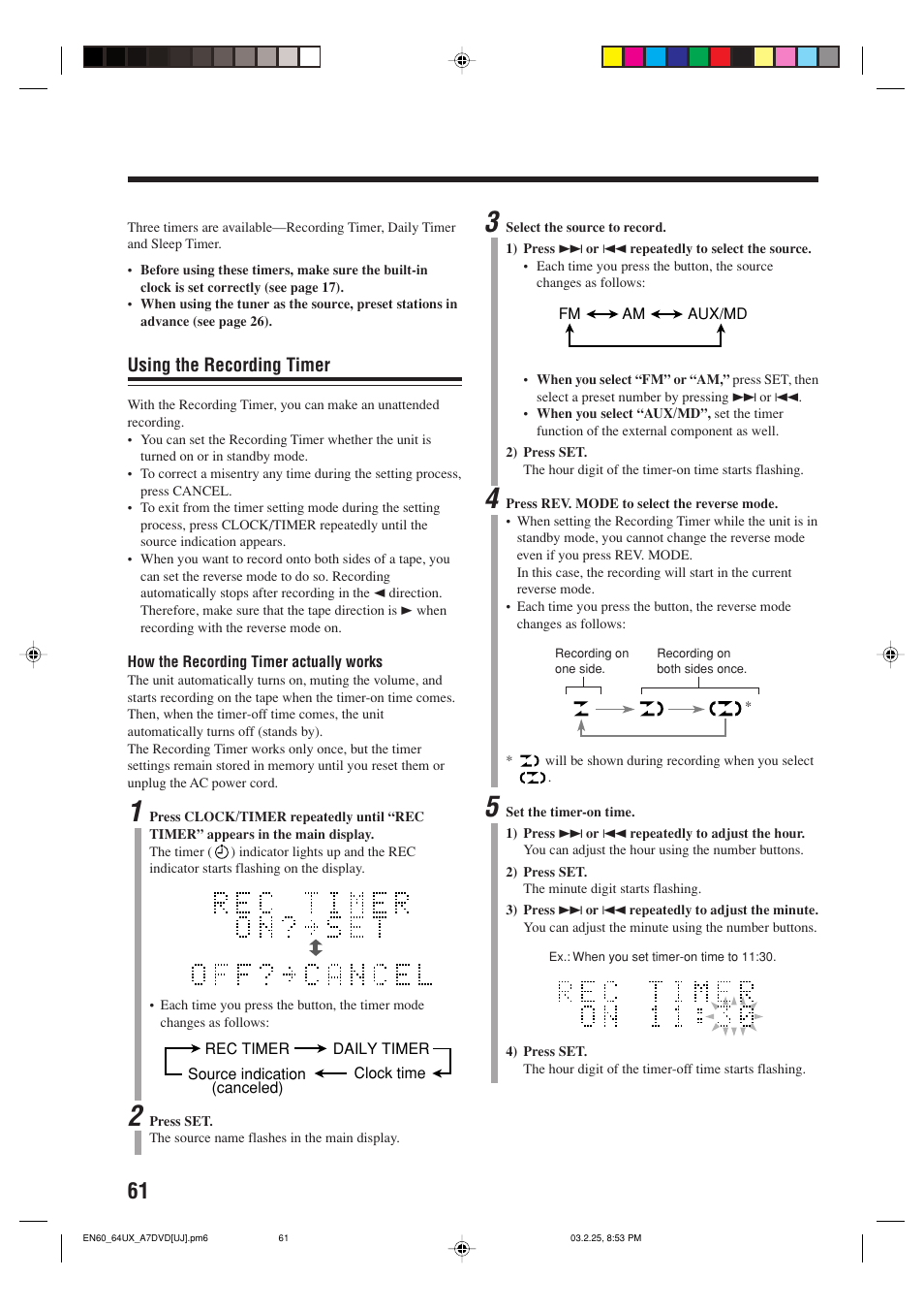 Using the recording timer | JVC CA-UXA7DVD User Manual | Page 64 / 76