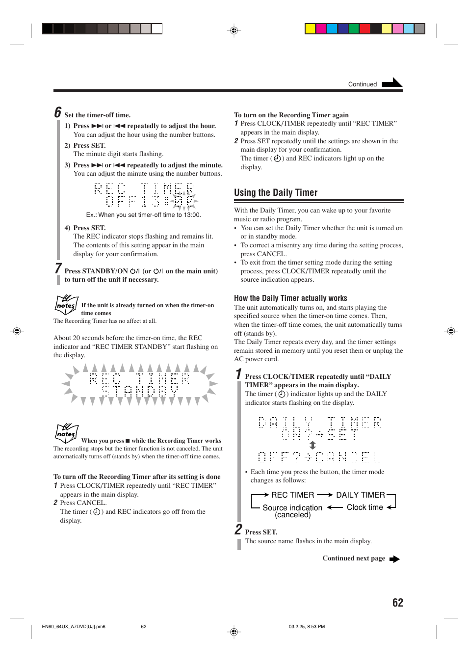 Using the daily timer | JVC CA-UXA7DVD User Manual | Page 65 / 76