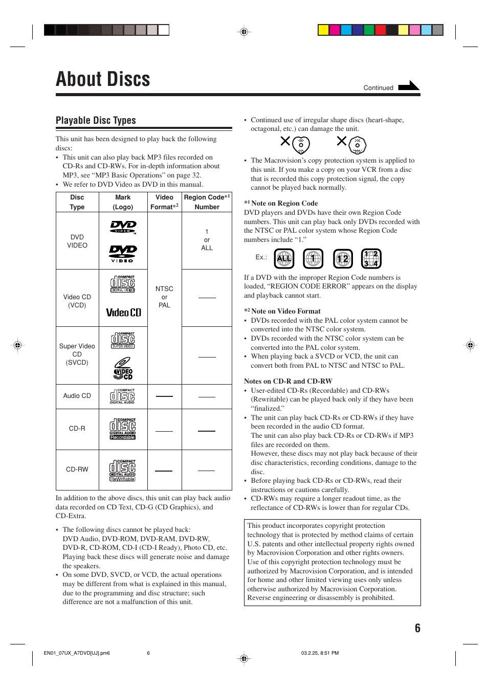 About discs, Playable disc types | JVC CA-UXA7DVD User Manual | Page 9 / 76