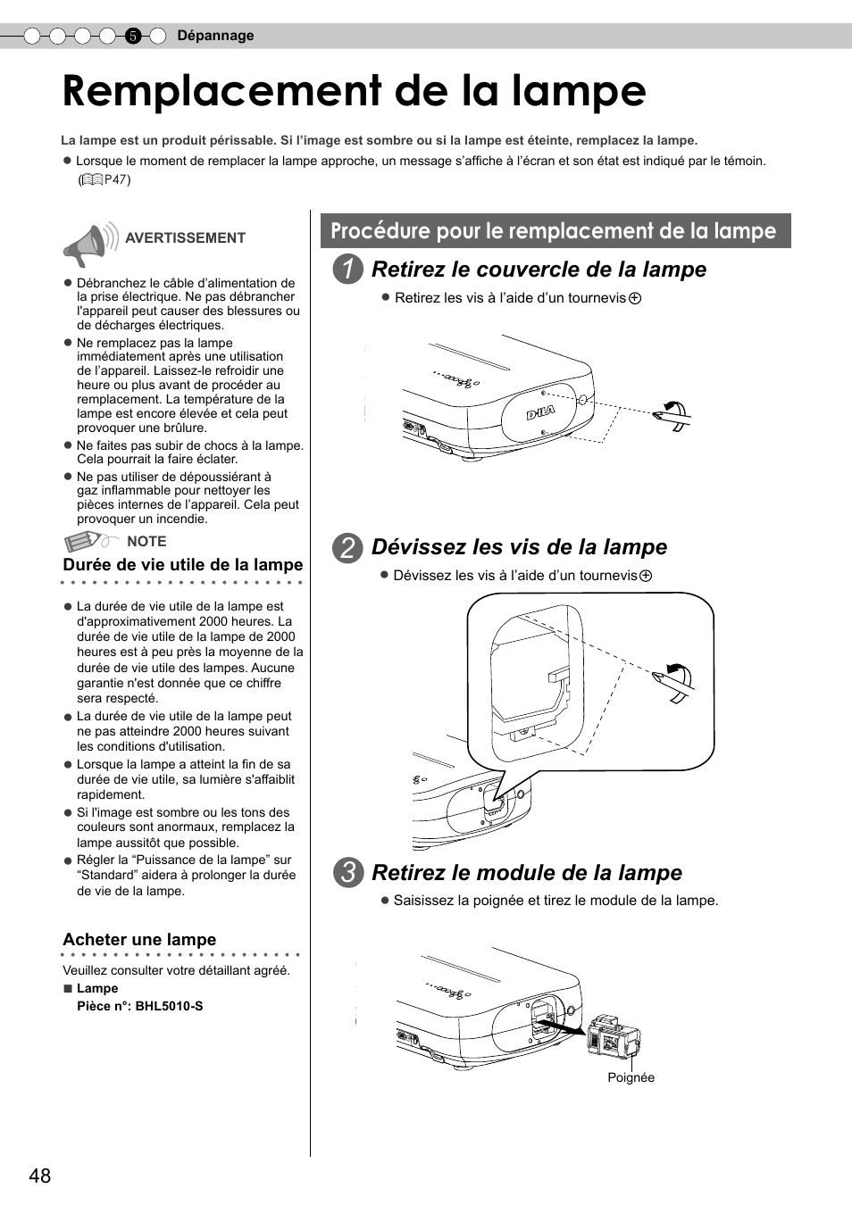 Procédure pour le remplacement de la lampe, Remplacement de la lampe, Procédure pour le remplacement de la | Lampe, Couvercle de la lampe, P48 à 50, Retirez le couvercle de la lampe, Dévissez les vis de la lampe, Retirez le module de la lampe | JVC DLA-RS10 User Manual | Page 108 / 179