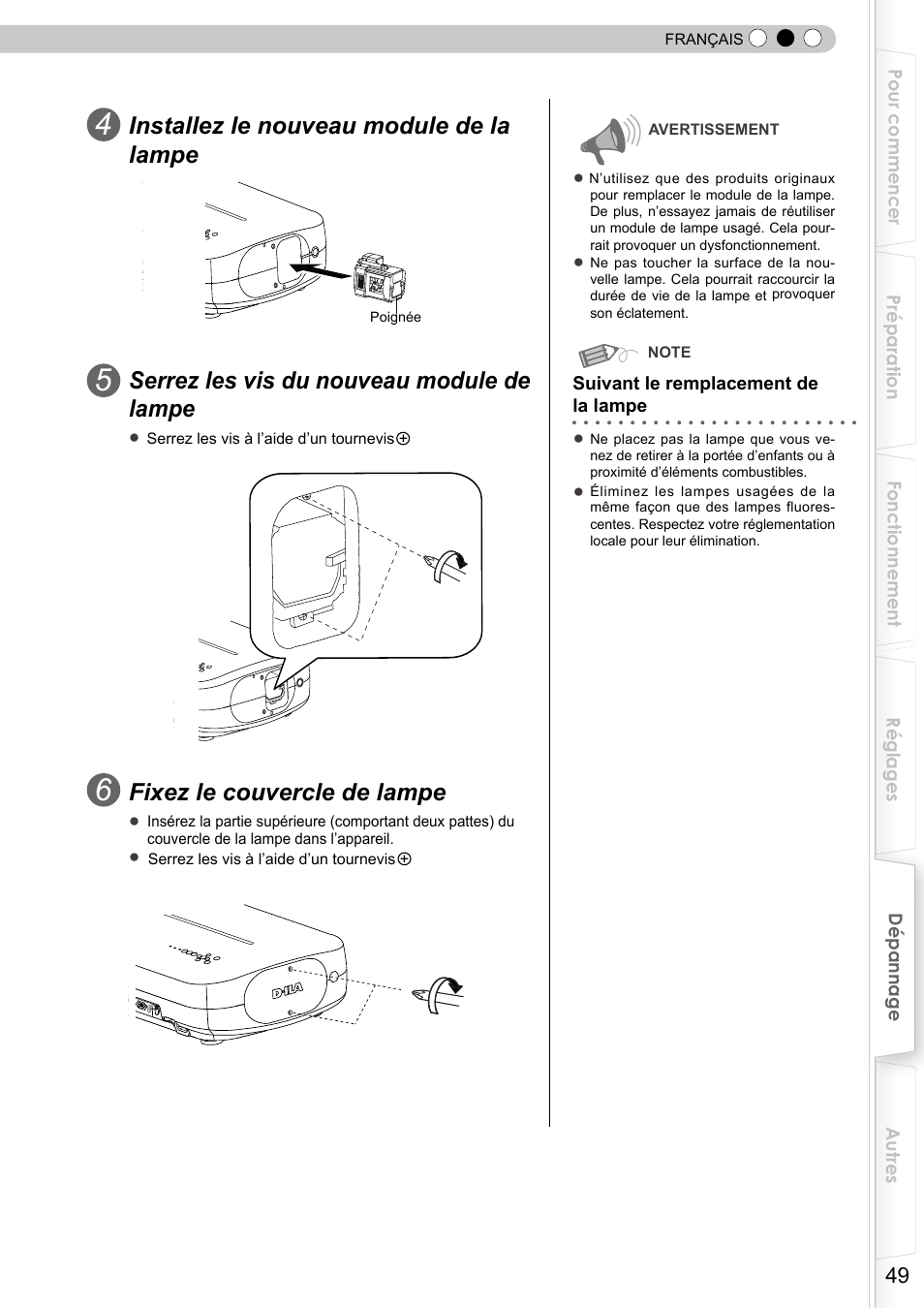 Installez le nouveau module de la lampe, Serrez les vis du nouveau module de lampe, Fixez le couvercle de lampe | JVC DLA-RS10 User Manual | Page 109 / 179