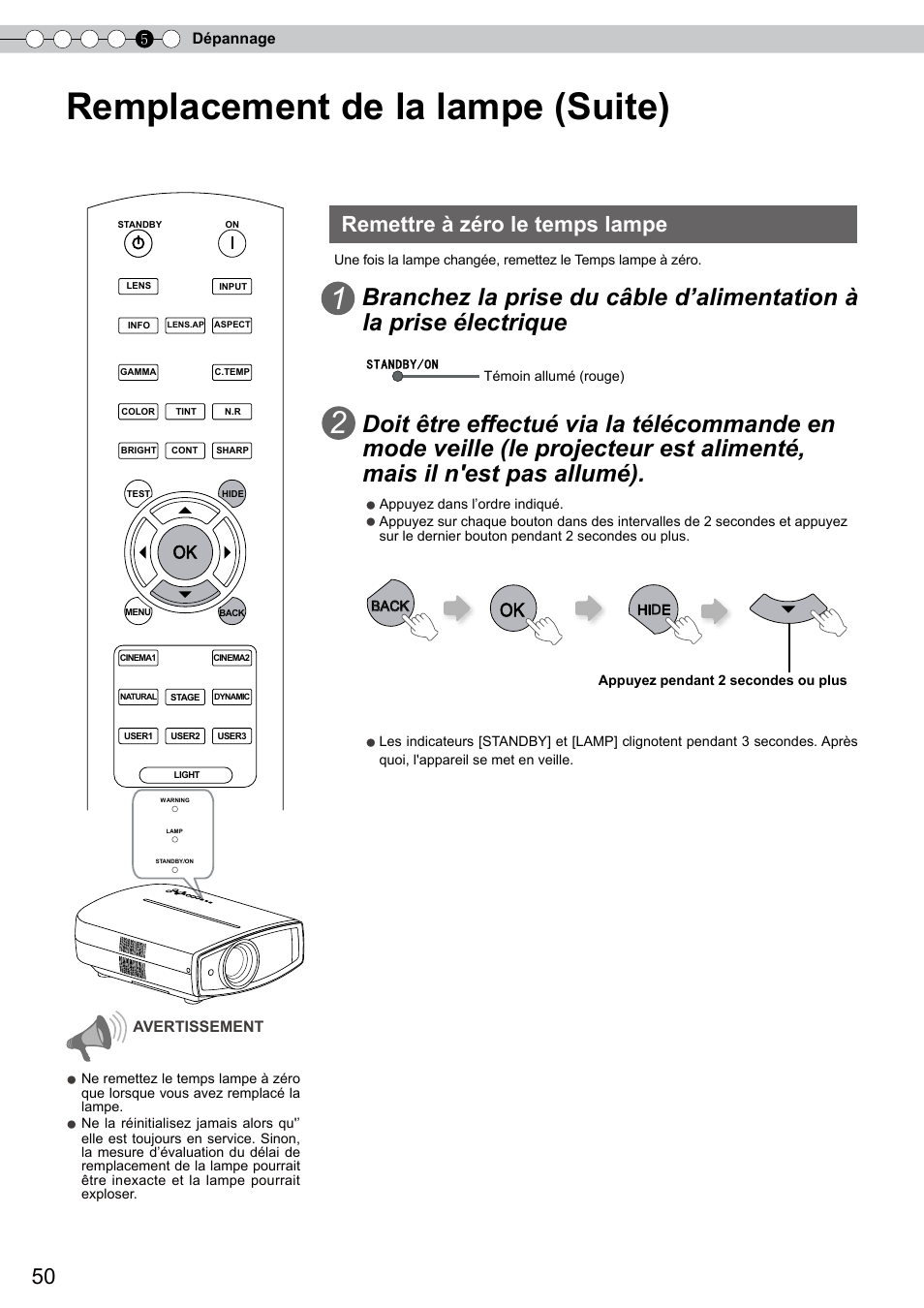 Remettre à zéro le temps lampe, Remettre, À zéro le temps lampe | Remplacement de la lampe (suite) | JVC DLA-RS10 User Manual | Page 110 / 179