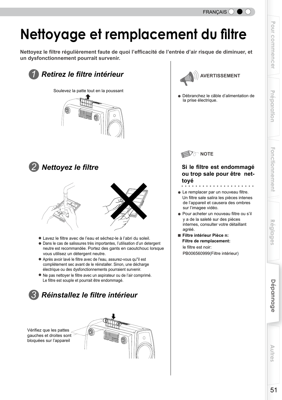 Nettoyage et remplacement du filtre, Filtre, Retirez le filtre intérieur | Réinstallez le filtre intérieur, Nettoyez le filtre | JVC DLA-RS10 User Manual | Page 111 / 179