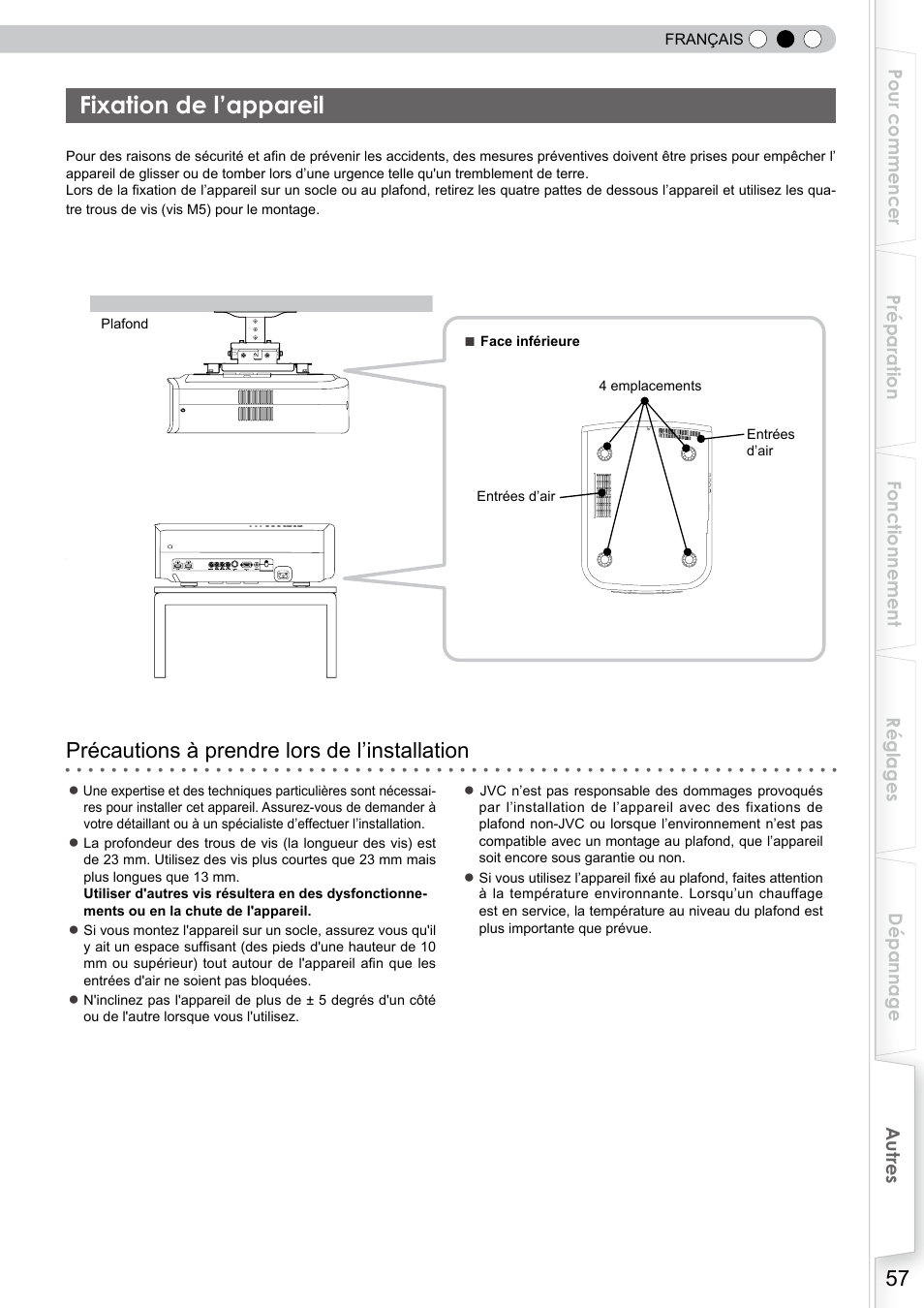Fixation de l’appareil, Fixation de l'appareil, Précautions à prendre lors de l’installation | JVC DLA-RS10 User Manual | Page 117 / 179