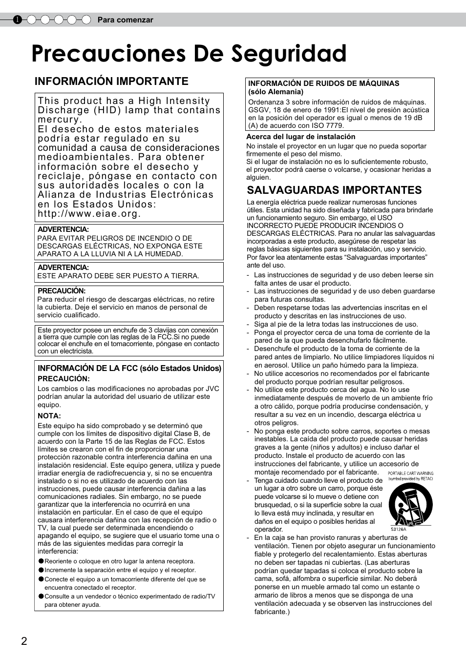 Precauciones de seguridad, Salvaguardas importantes, Información importante | JVC DLA-RS10 User Manual | Page 122 / 179