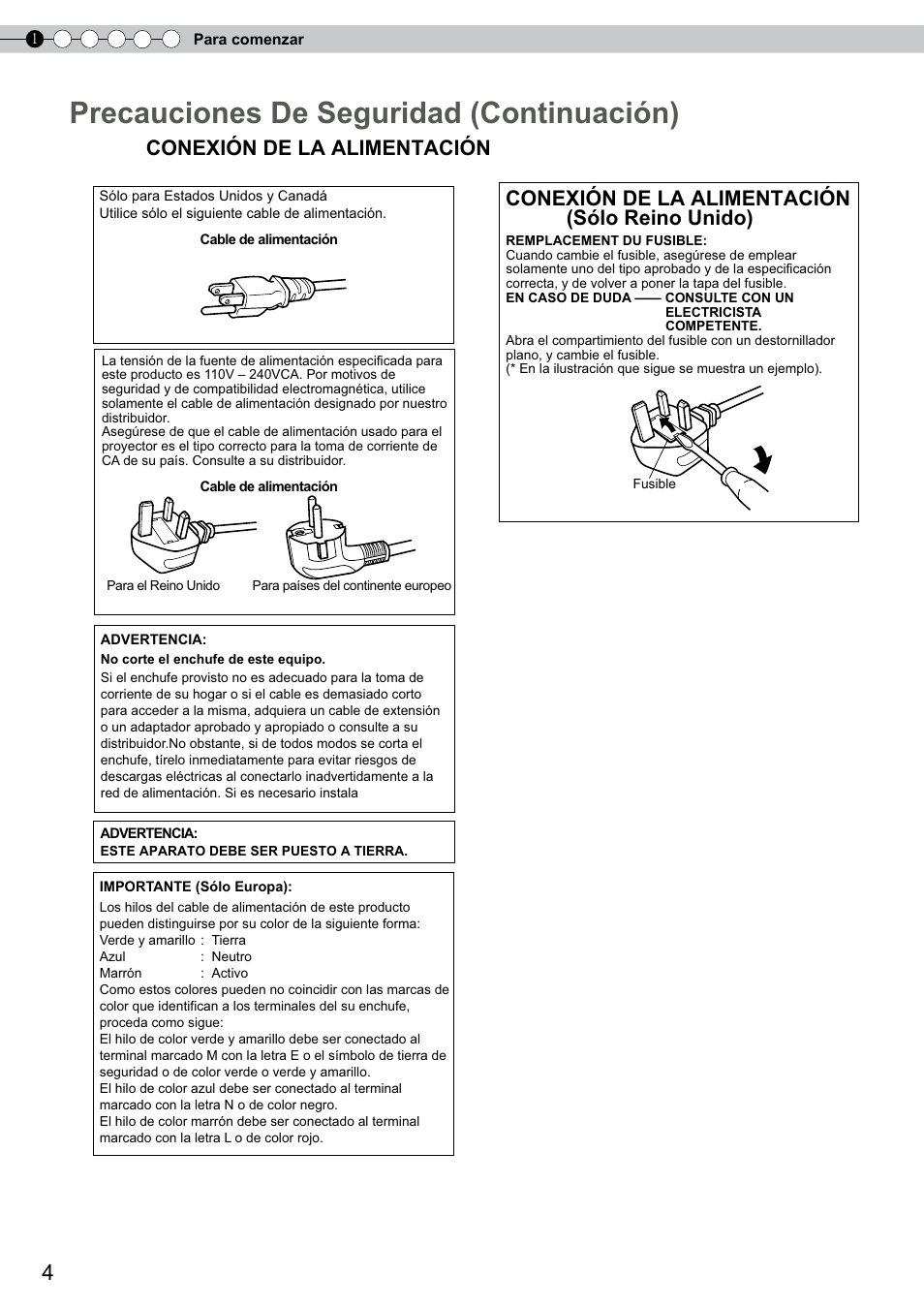 Precauciones de seguridad (continuación), Conexión de la alimentación, Conexión de la alimentación (sólo reino unido) | JVC DLA-RS10 User Manual | Page 124 / 179