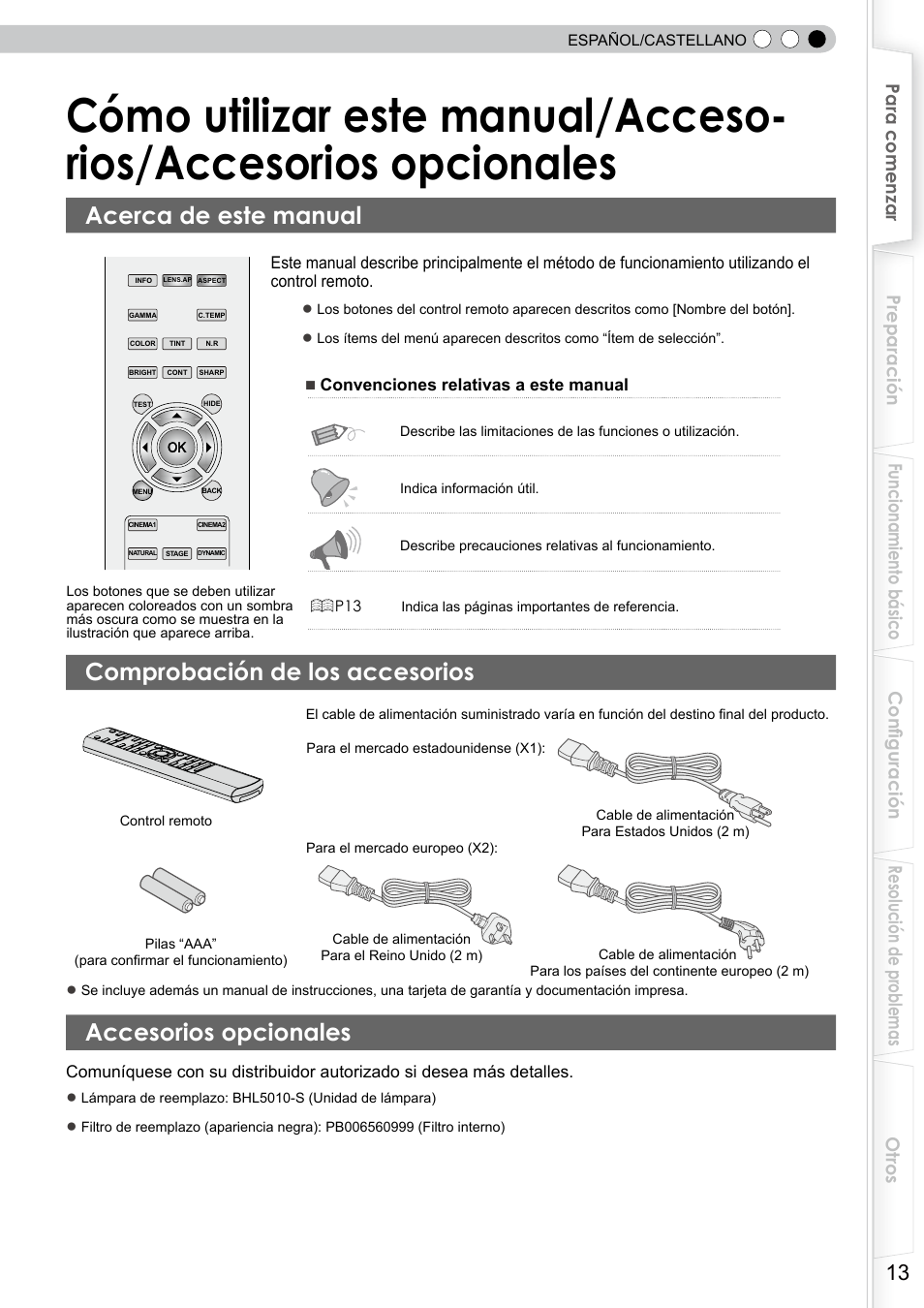 Acerca de este manual, Comprobación de los accesorios, Accesorios opcionales | Cómo utilizar este manual/acceso | JVC DLA-RS10 User Manual | Page 133 / 179