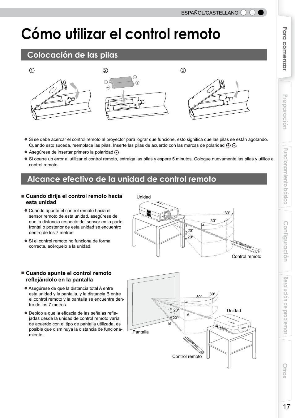 Colocación de las pilas, Alcance efectivo de la unidad de control remoto, Cómo utilizar el control remoto | Alcance efectivo de la unidaa de control, Remoto, Sensor remoto | JVC DLA-RS10 User Manual | Page 137 / 179