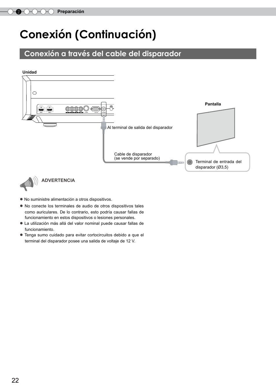 Conexión a través del cable del disparador, Conexión a través del cable de vídeo, Conexión a través del cable del | Disparador, Conexión (continuación), 2preparación, Advertencia | JVC DLA-RS10 User Manual | Page 142 / 179