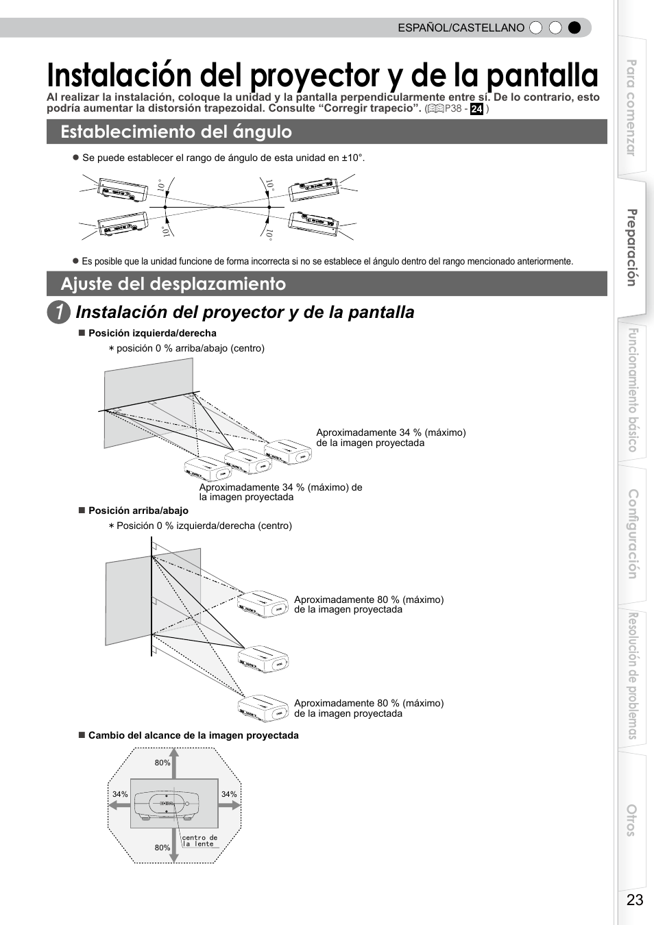 Instalación del proyector y de la pantalla, Establecimiento del ángulo, Ajuste del desplazamiento | Vertical y 34% horizontal, Instalación del proyector y de la, Pantalla | JVC DLA-RS10 User Manual | Page 143 / 179