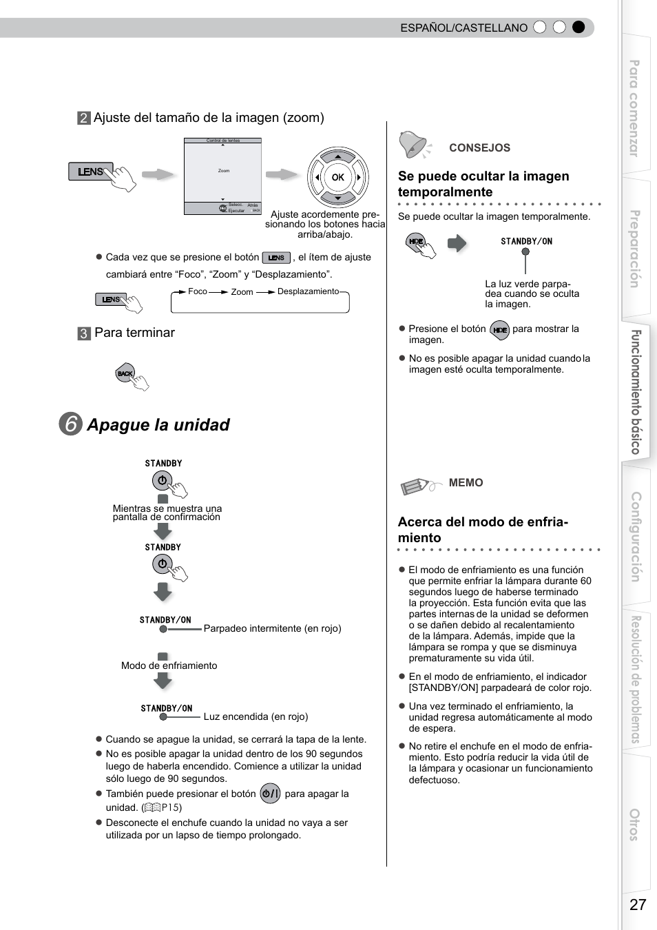 Apague la unidad, Se puede ocultar la imagen temporalmente, Acerca del modo de enfria- miento | JVC DLA-RS10 User Manual | Page 147 / 179