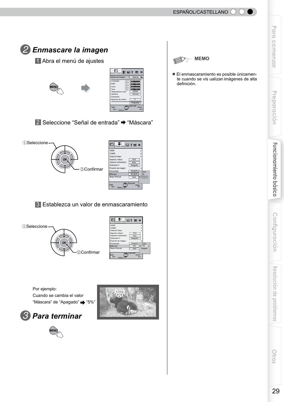 Para terminar, Enmascare la imagen, Máscara | Establezca un valor de enmascaramiento, Español/castellano | JVC DLA-RS10 User Manual | Page 149 / 179