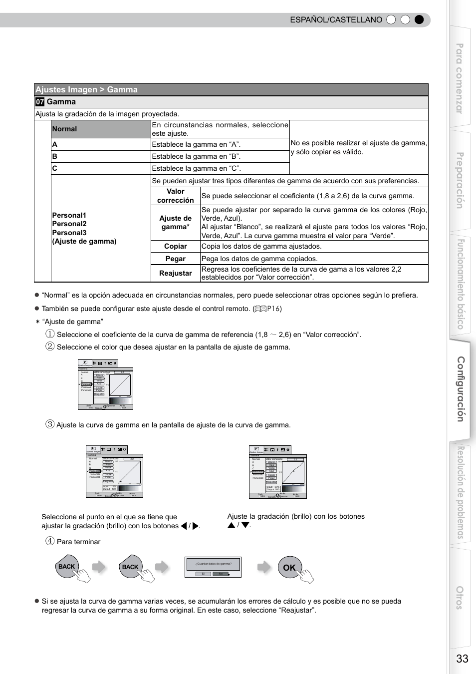 Español/castellano, Ajustes imagen > gamma, Gamma | Para terminar | JVC DLA-RS10 User Manual | Page 153 / 179