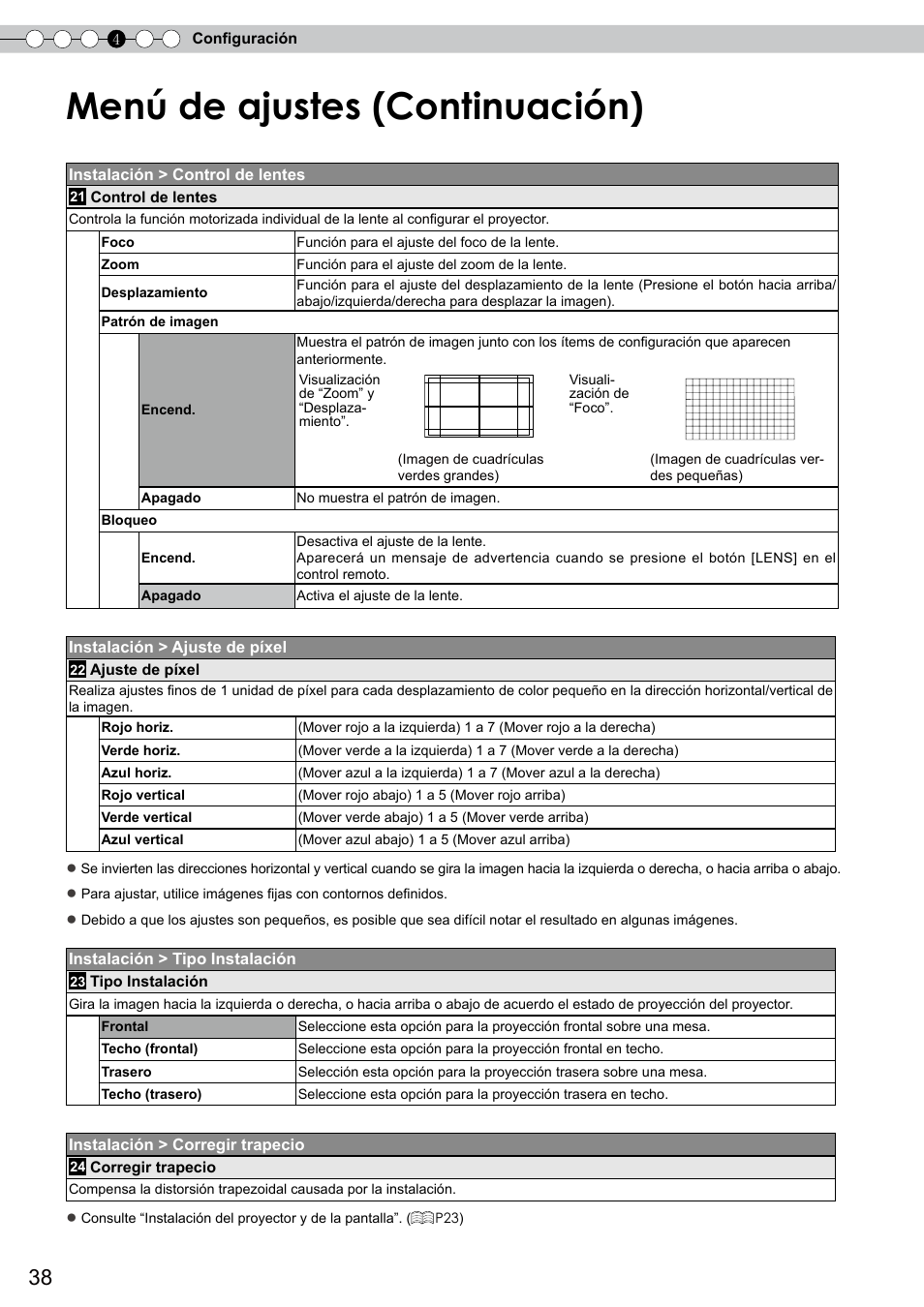 Control de la lente, Para obtener información, Menú de ajustes (continuación) | JVC DLA-RS10 User Manual | Page 158 / 179