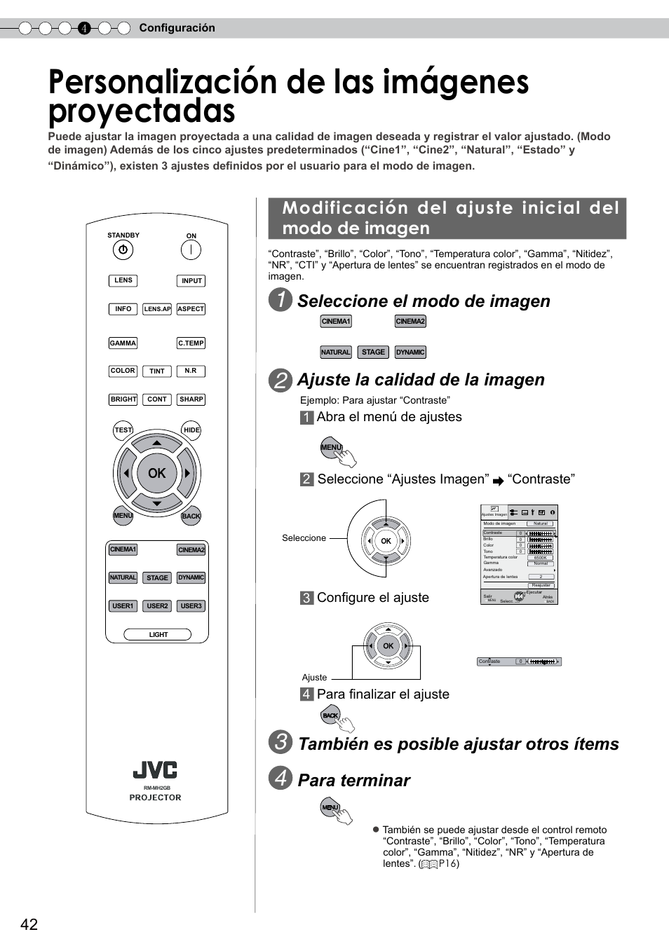 Personalización de las imágenes proyectadas, Modificación del ajuste inicial del modo de imagen, Personalizaciones de las imágenes | Proyectadas, Modificación del ajuste inicial del modo, De imagen, Para ajustar la gamma, Para ajustar la nitidez, Para ajustar el contraste, Para ajustar la temperatura de color | JVC DLA-RS10 User Manual | Page 162 / 179