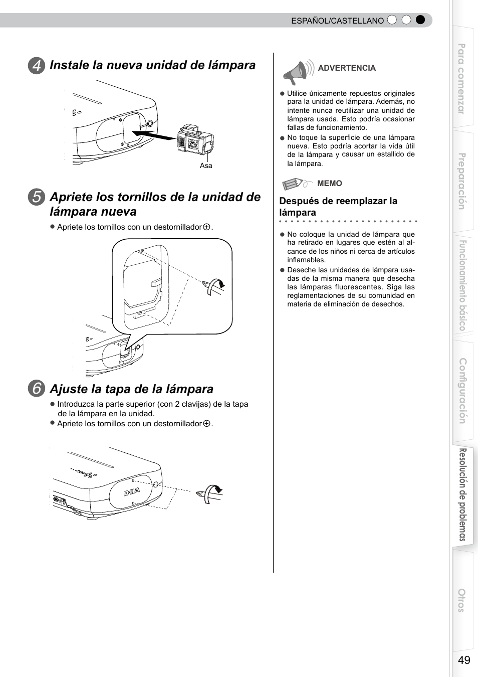 Instale la nueva unidad de lámpara, Ajuste la tapa de la lámpara | JVC DLA-RS10 User Manual | Page 169 / 179