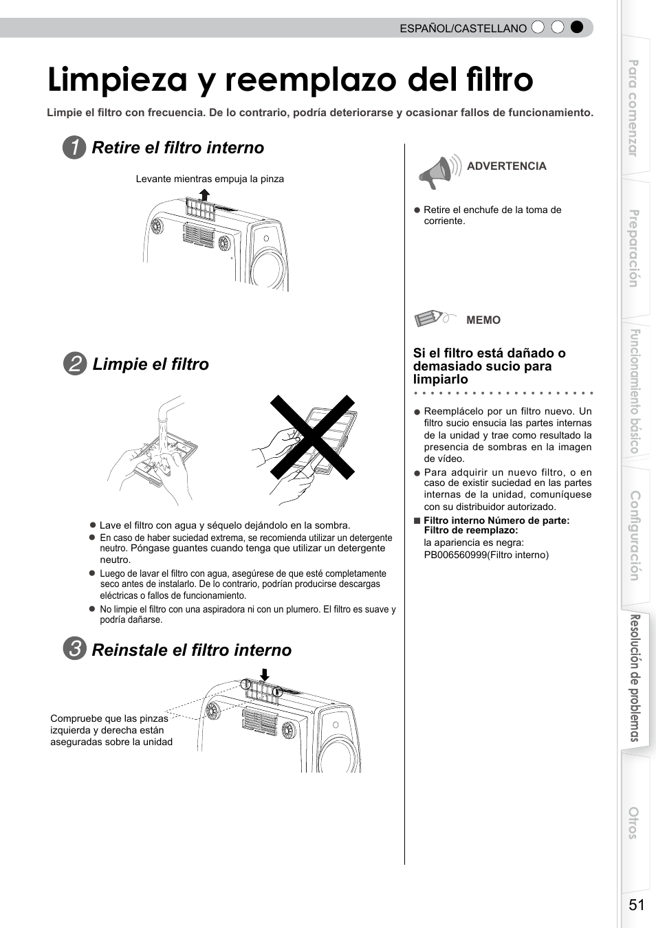 Limpieza y reemplazo del filtro, Filtro, Retire el filtro interno | Reinstale el filtro interno, Limpie el filtro | JVC DLA-RS10 User Manual | Page 171 / 179