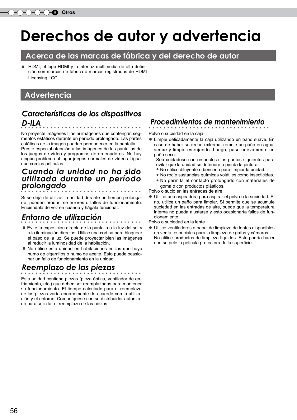 Derechos de autor y advertencia, Advertencia, Acerca de las marcas de fábrica y del | Derecho de autor | JVC DLA-RS10 User Manual | Page 176 / 179