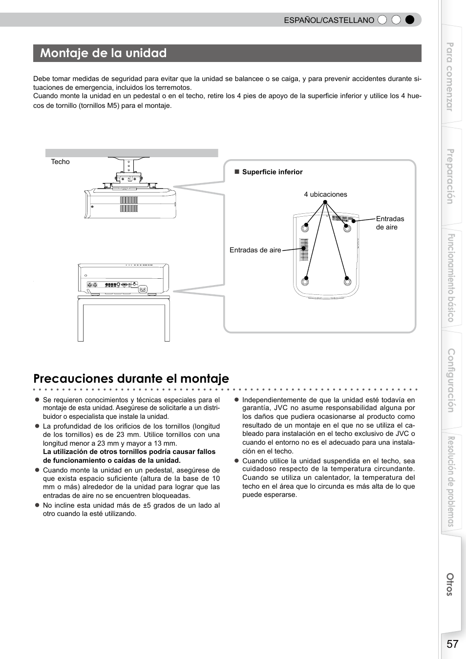 Montaje de la unidad, Precauciones durante el montaje | JVC DLA-RS10 User Manual | Page 177 / 179
