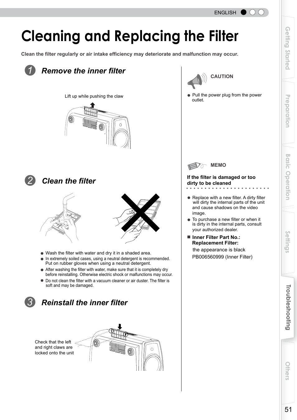 Cleaning and replacing the filter, Filter, Remove the inner filter | Reinstall the inner filter, Clean the filter | JVC DLA-RS10 User Manual | Page 51 / 179