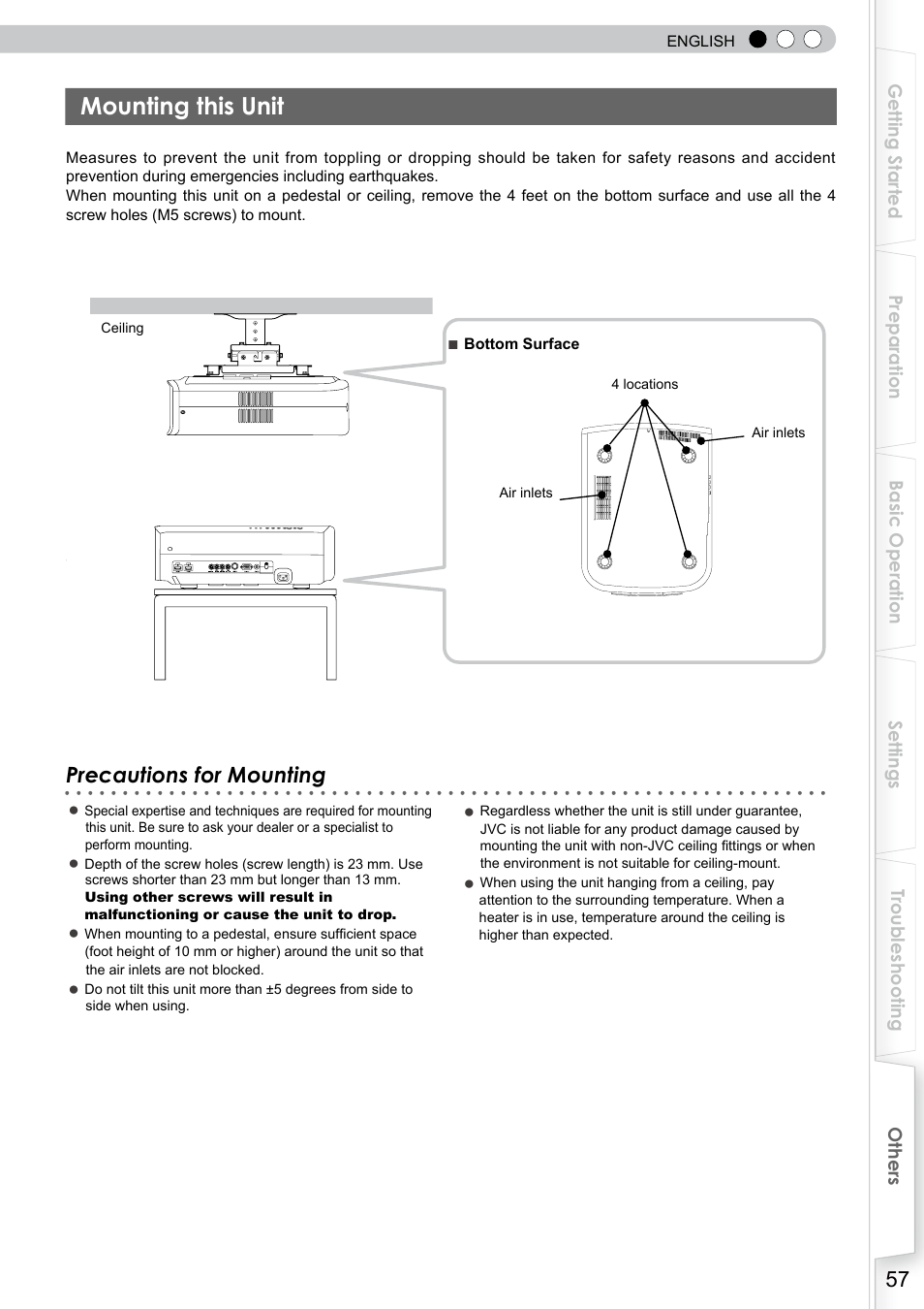 Mounting this unit, Precautions for mounting | JVC DLA-RS10 User Manual | Page 57 / 179