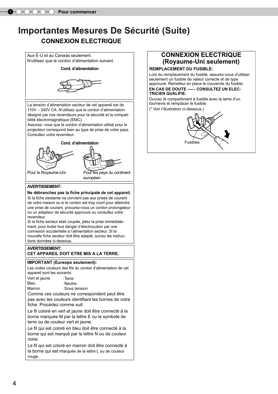 Importantes mesures de sécurité (suite), Connexion electrique, Connexion electrique (royaume-uni seulement) | JVC DLA-RS10 User Manual | Page 64 / 179