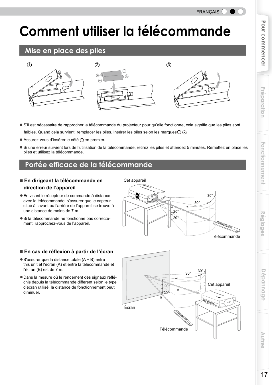 Comment utiliser la télécommande, Mise en place des piles, Portée efficace de la télécommande | Mise en place des batteries | JVC DLA-RS10 User Manual | Page 77 / 179
