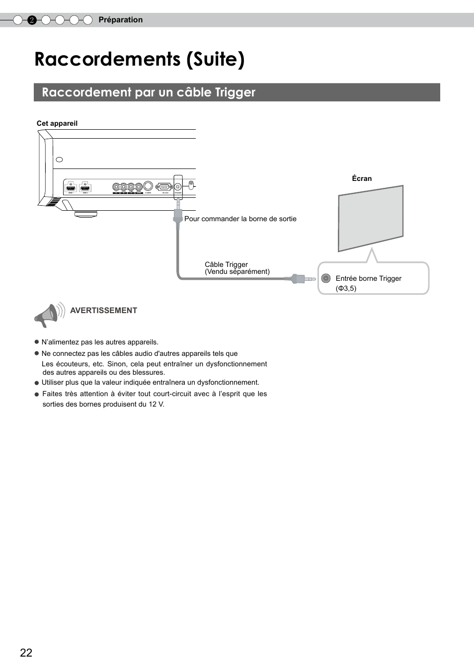 Raccordements (suite), Raccordement par un câble trigger, 2préparation | Avertissement | JVC DLA-RS10 User Manual | Page 82 / 179