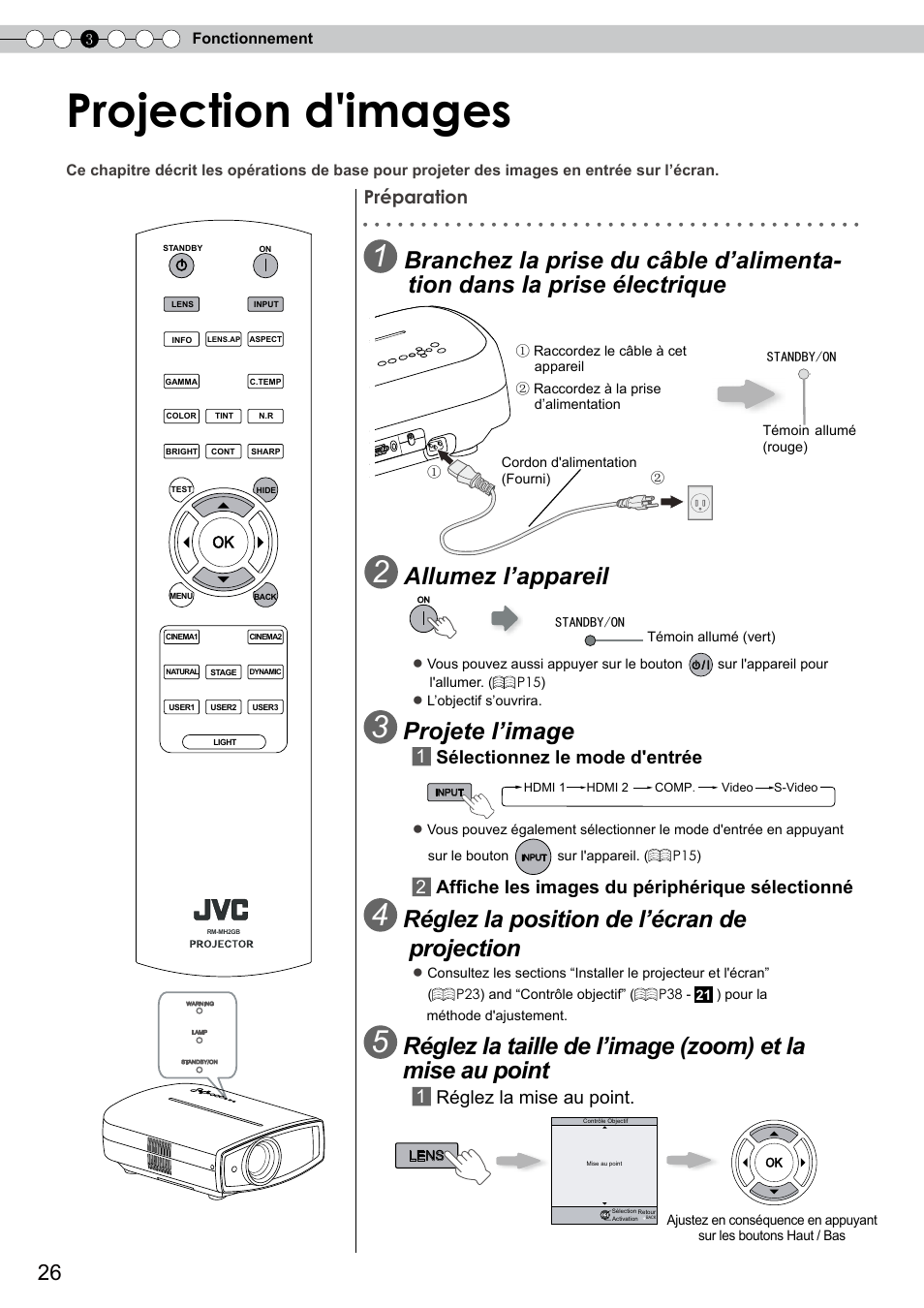 Projection d'images, Fonctionnement, Projection d'image | Pour changer d'entrée, Pour contrôler l'objectif, Allumez l’appareil, Réglez la position de l’écran de projection, Projete l’image, Affiche les images du périphérique sélectionné, 1réglez la mise au point | JVC DLA-RS10 User Manual | Page 86 / 179