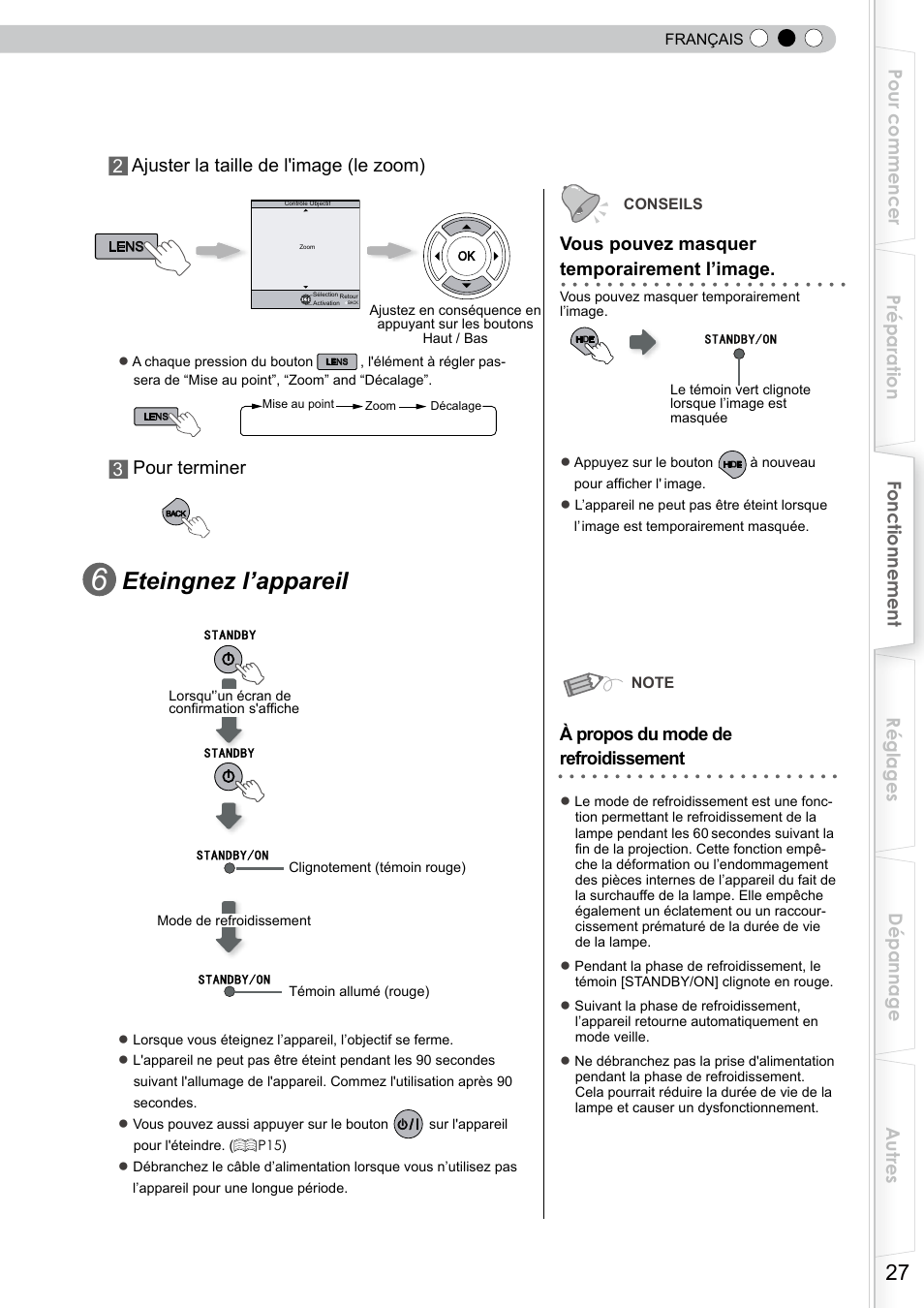 Cachée, Eteingnez l’appareil, Vous pouvez masquer temporairement l’image | À propos du mode de refroidissement | JVC DLA-RS10 User Manual | Page 87 / 179