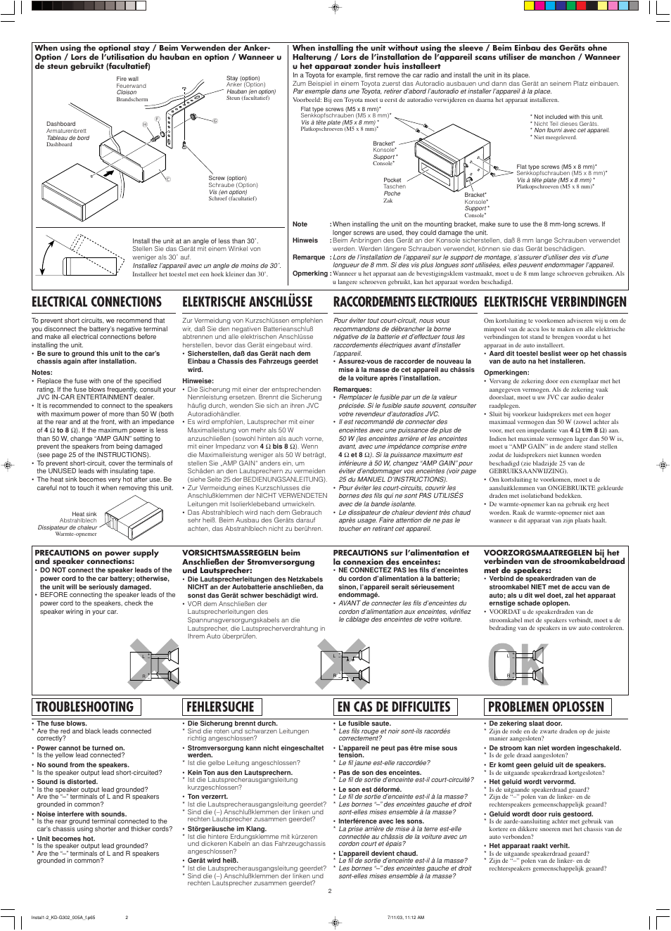 Troubleshooting, Fehlersuche, Problemen oplossen | Raccordements electriques, Elektrische anschlüsse, Elektrische verbindingen, Electrical connections, En cas de difficultes | JVC KD-G302  EN User Manual | Page 2 / 4