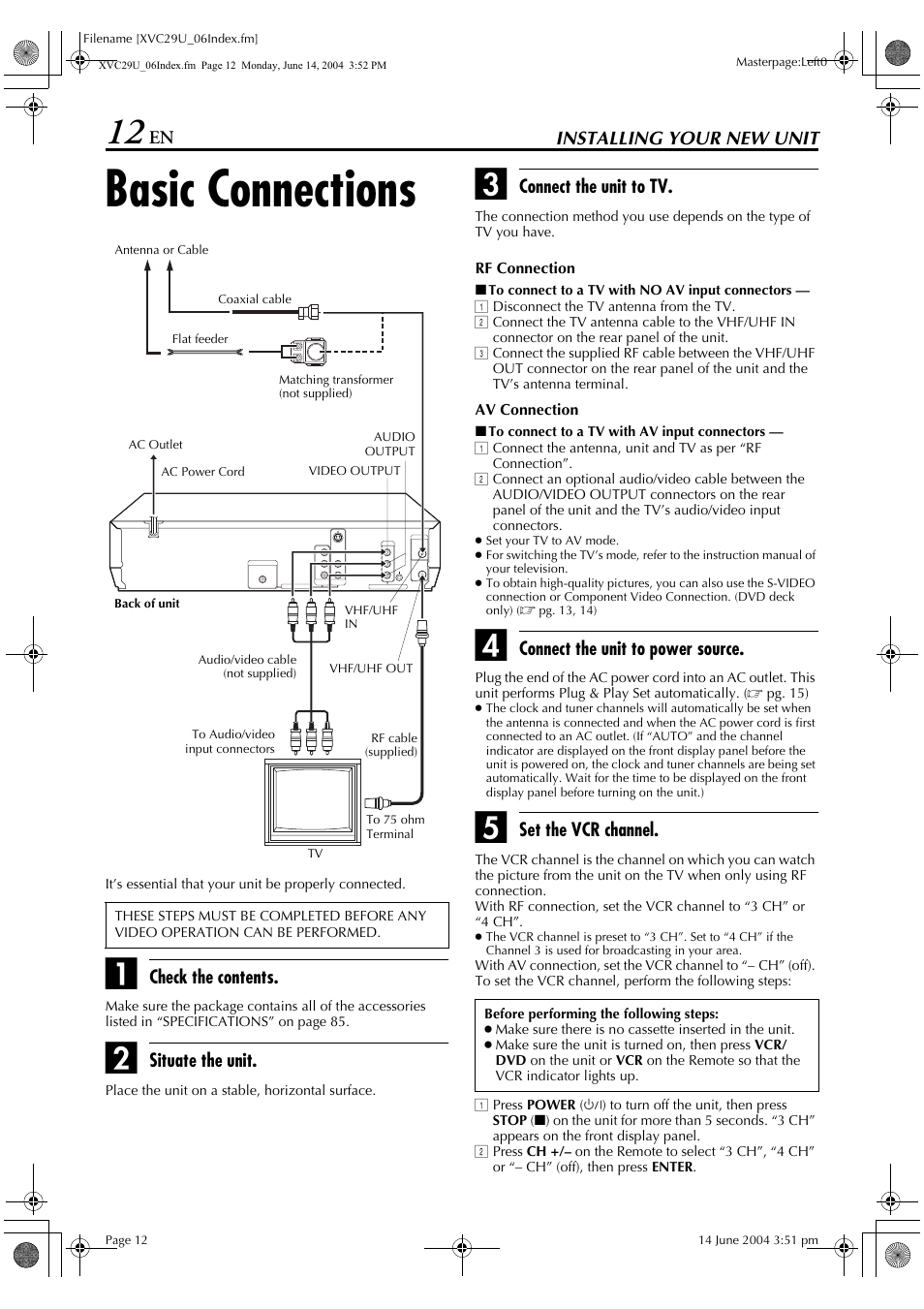 Ac power cord, Pg. 12, Basic connections | JVC HR-XVC29UJ User Manual | Page 12 / 88