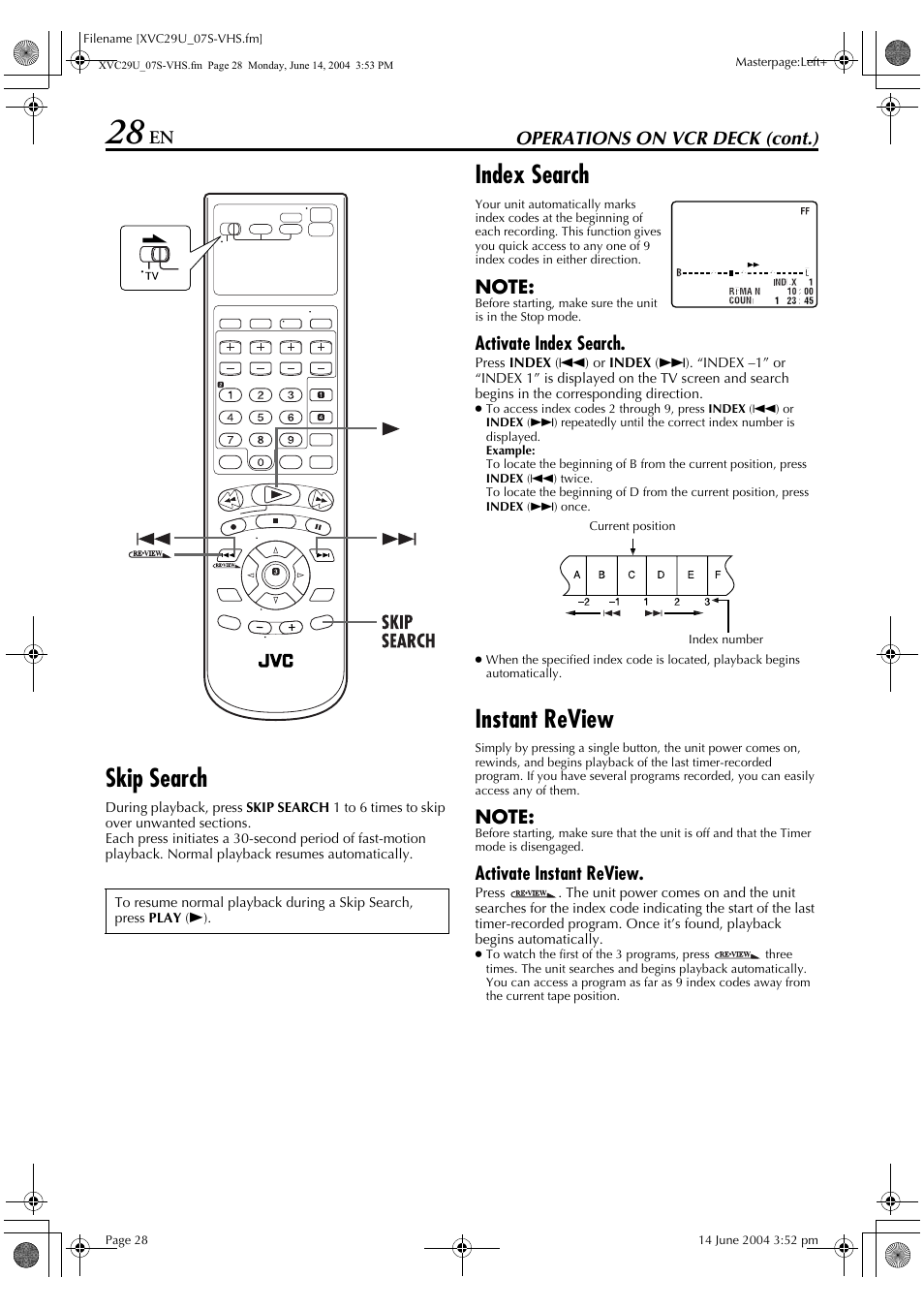 Skip search, Index search, Instant review | JVC HR-XVC29UJ User Manual | Page 28 / 88