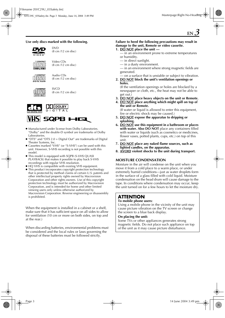 Attention | JVC HR-XVC29UJ User Manual | Page 3 / 88