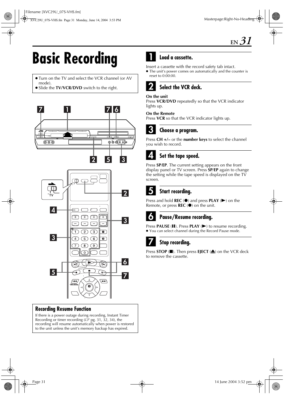 Basic recording | JVC HR-XVC29UJ User Manual | Page 31 / 88