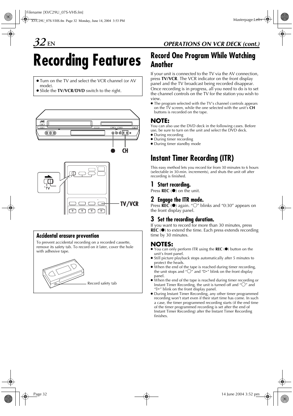 Recording features, Record one program while watching another, Instant timer recording (itr) | JVC HR-XVC29UJ User Manual | Page 32 / 88