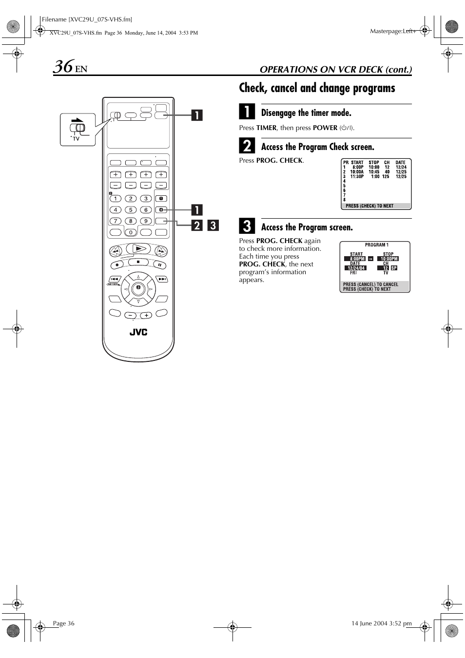 Check, cancel and change programs | JVC HR-XVC29UJ User Manual | Page 36 / 88