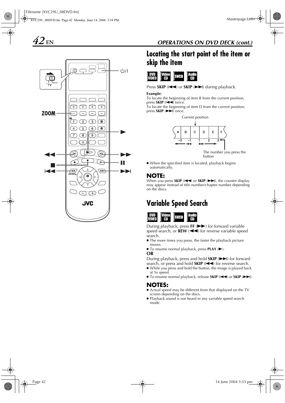 Variable speed search, Operations on dvd deck (cont.) | JVC HR-XVC29UJ User Manual | Page 42 / 88