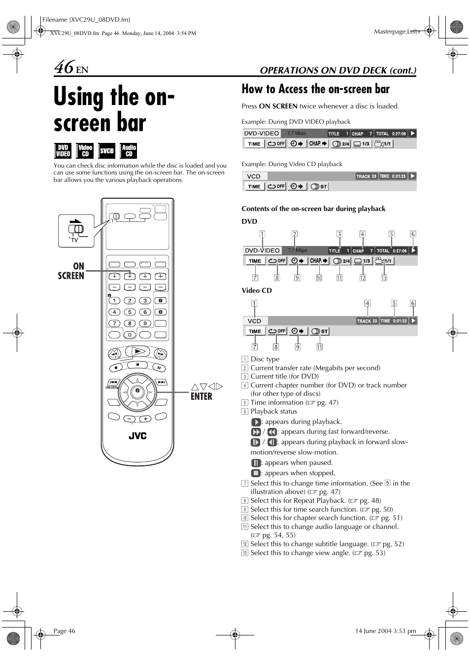 Using the on- screen bar, How to access the on-screen bar | JVC HR-XVC29UJ User Manual | Page 46 / 88