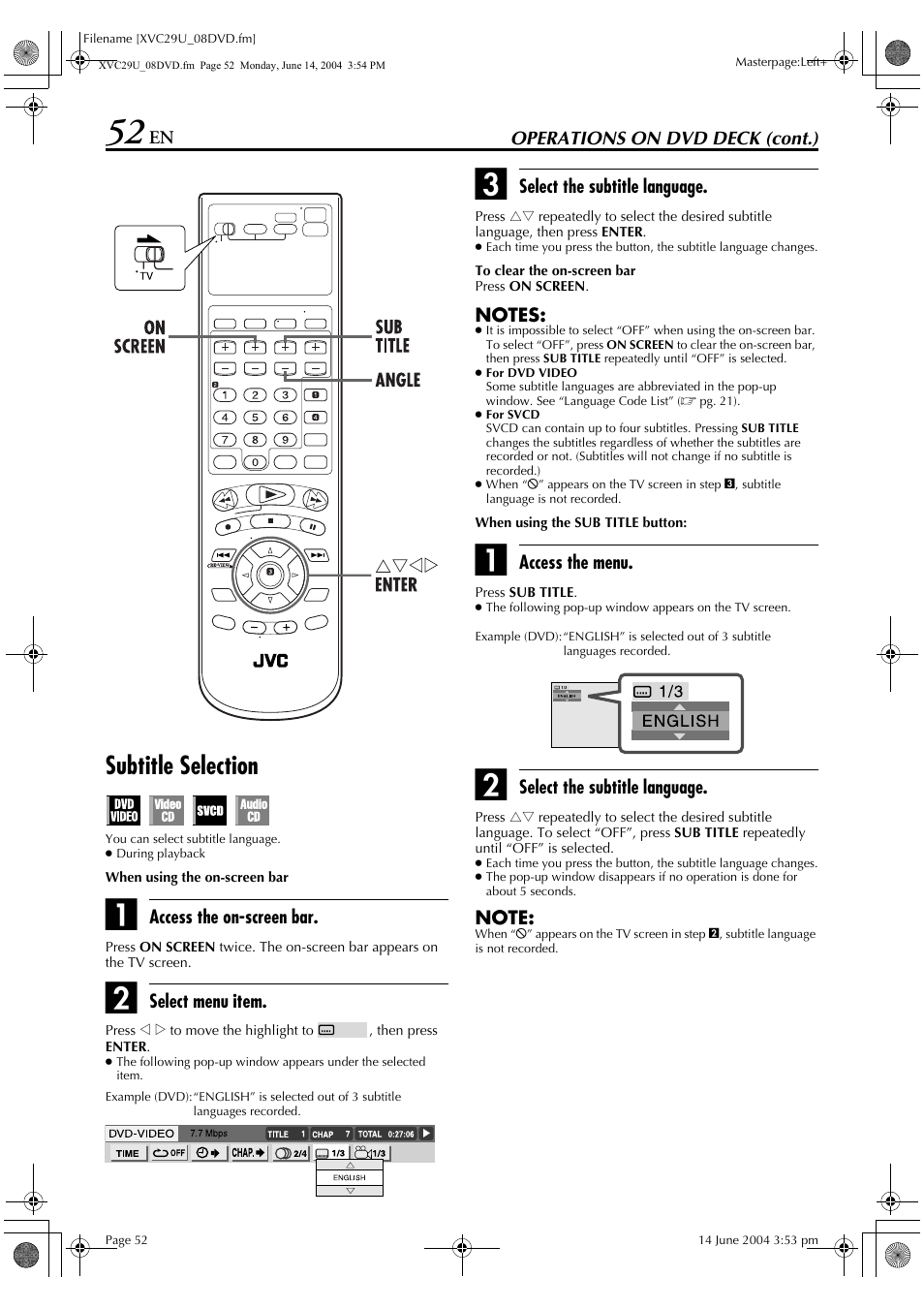 To change subtitle language, Pg. 52), Subtitle selection | JVC HR-XVC29UJ User Manual | Page 52 / 88