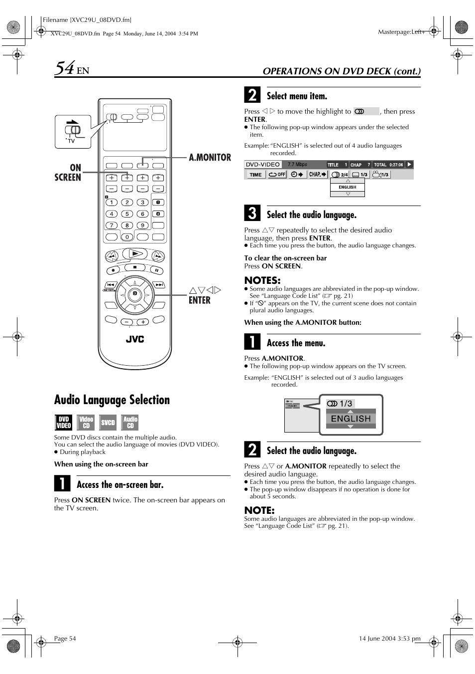 Pg. 54, Audio language selection | JVC HR-XVC29UJ User Manual | Page 54 / 88