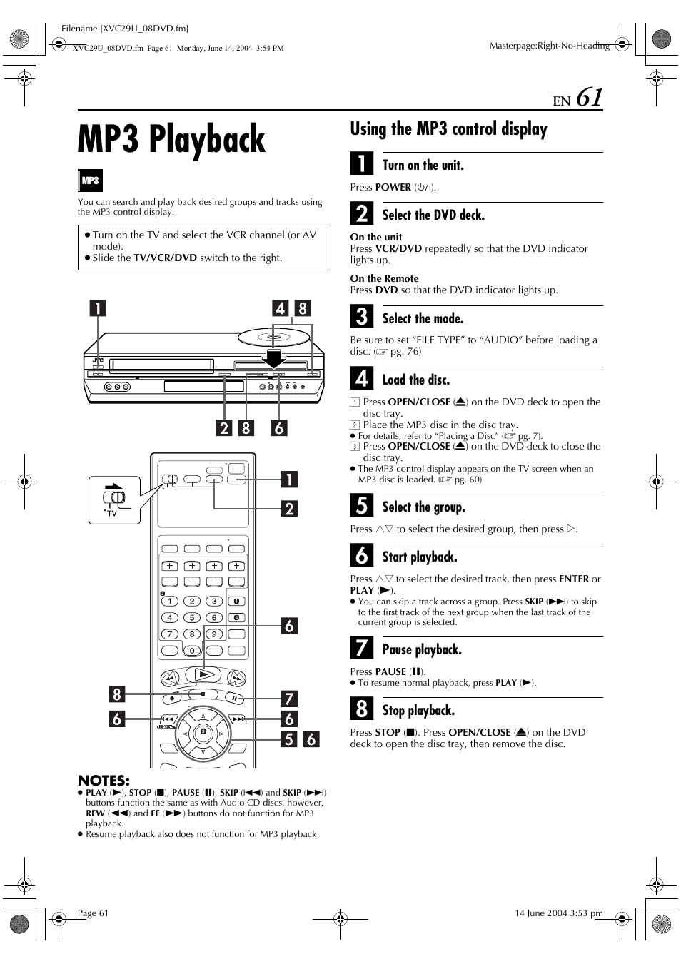 Mp3 playback, Using the mp3 control display | JVC HR-XVC29UJ User Manual | Page 61 / 88