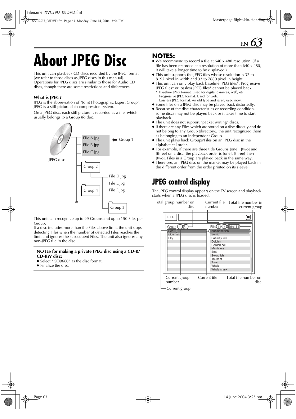 About jpeg disc, Jpeg control display | JVC HR-XVC29UJ User Manual | Page 63 / 88