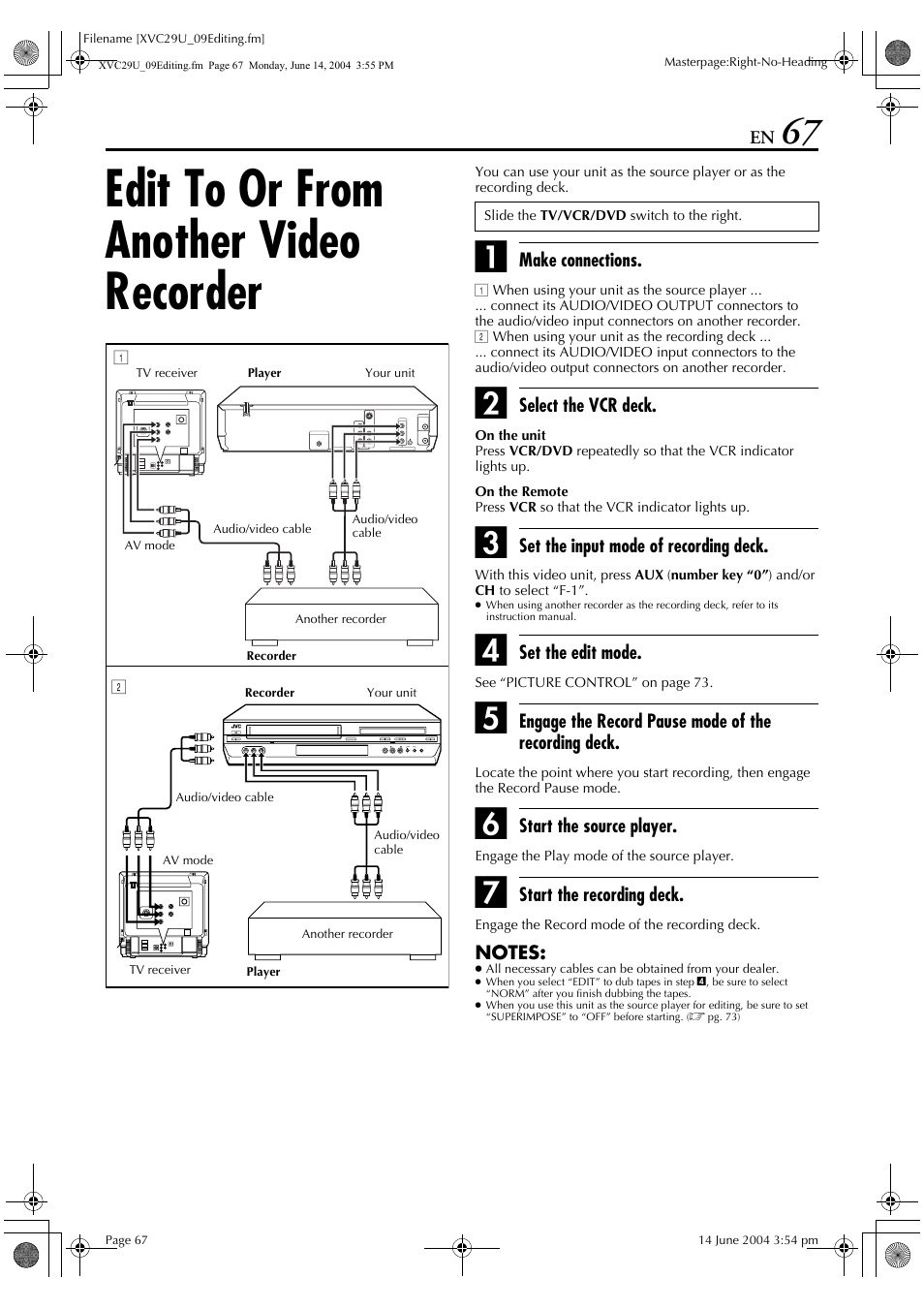Edit to or from another video recorder | JVC HR-XVC29UJ User Manual | Page 67 / 88