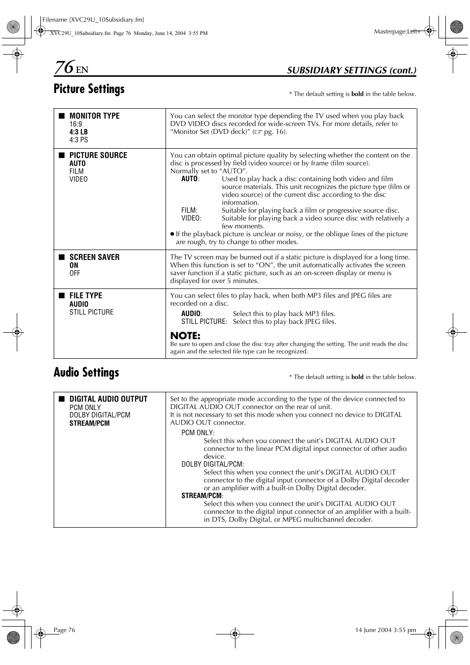 Pg. 76), Le type, Picture settings | Audio settings, Subsidiary settings (cont.) | JVC HR-XVC29UJ User Manual | Page 76 / 88