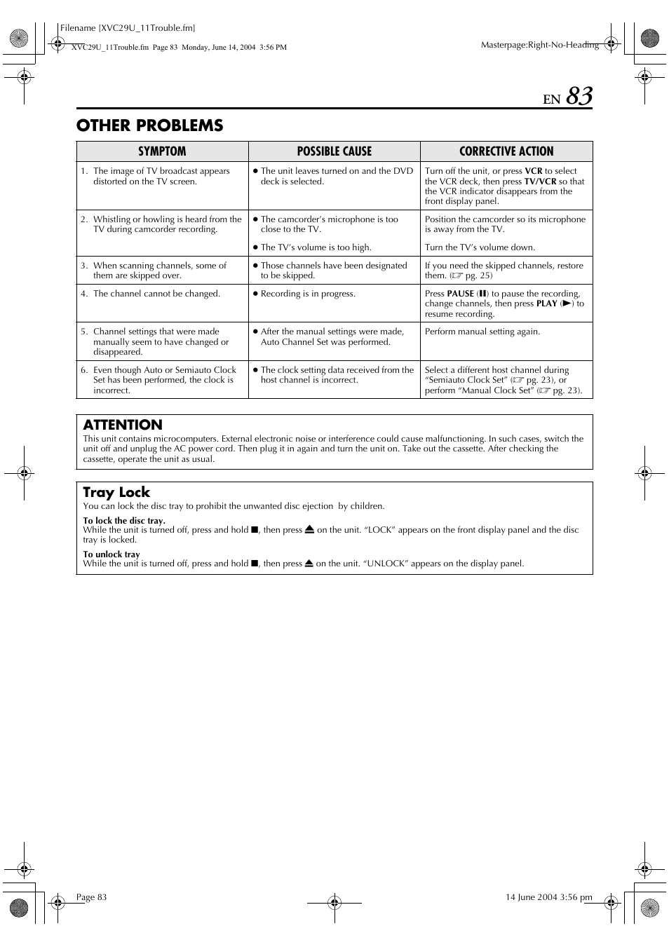 Other problems, Attention, Tray lock | Symptom possible cause corrective action | JVC HR-XVC29UJ User Manual | Page 83 / 88