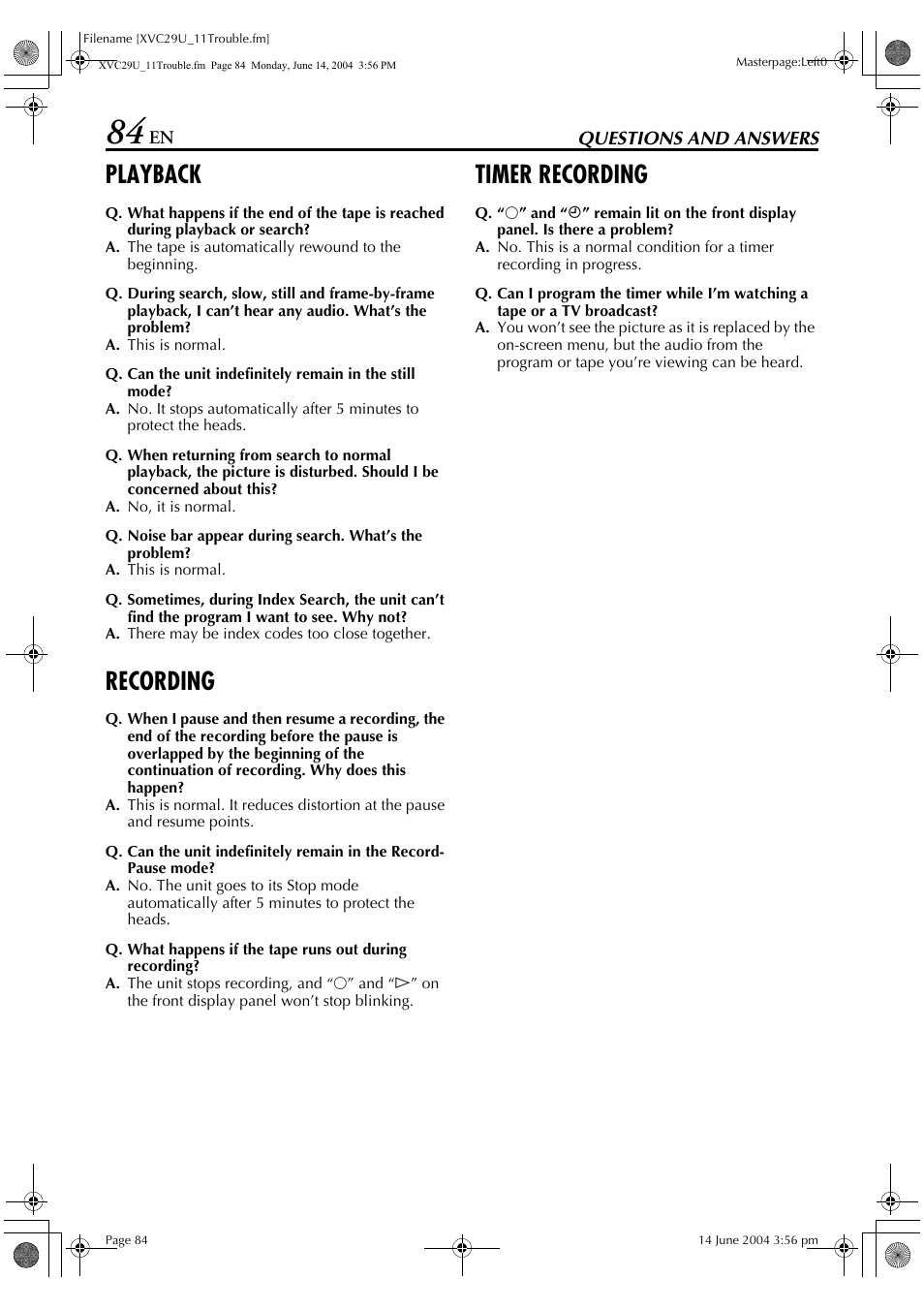 Playback, Recording, Timer recording | JVC HR-XVC29UJ User Manual | Page 84 / 88