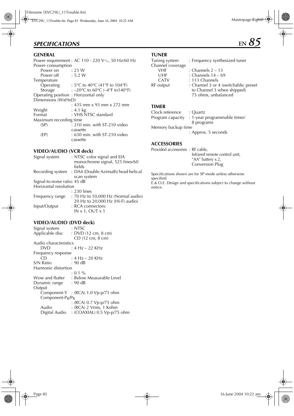Specifications | JVC HR-XVC29UJ User Manual | Page 85 / 88